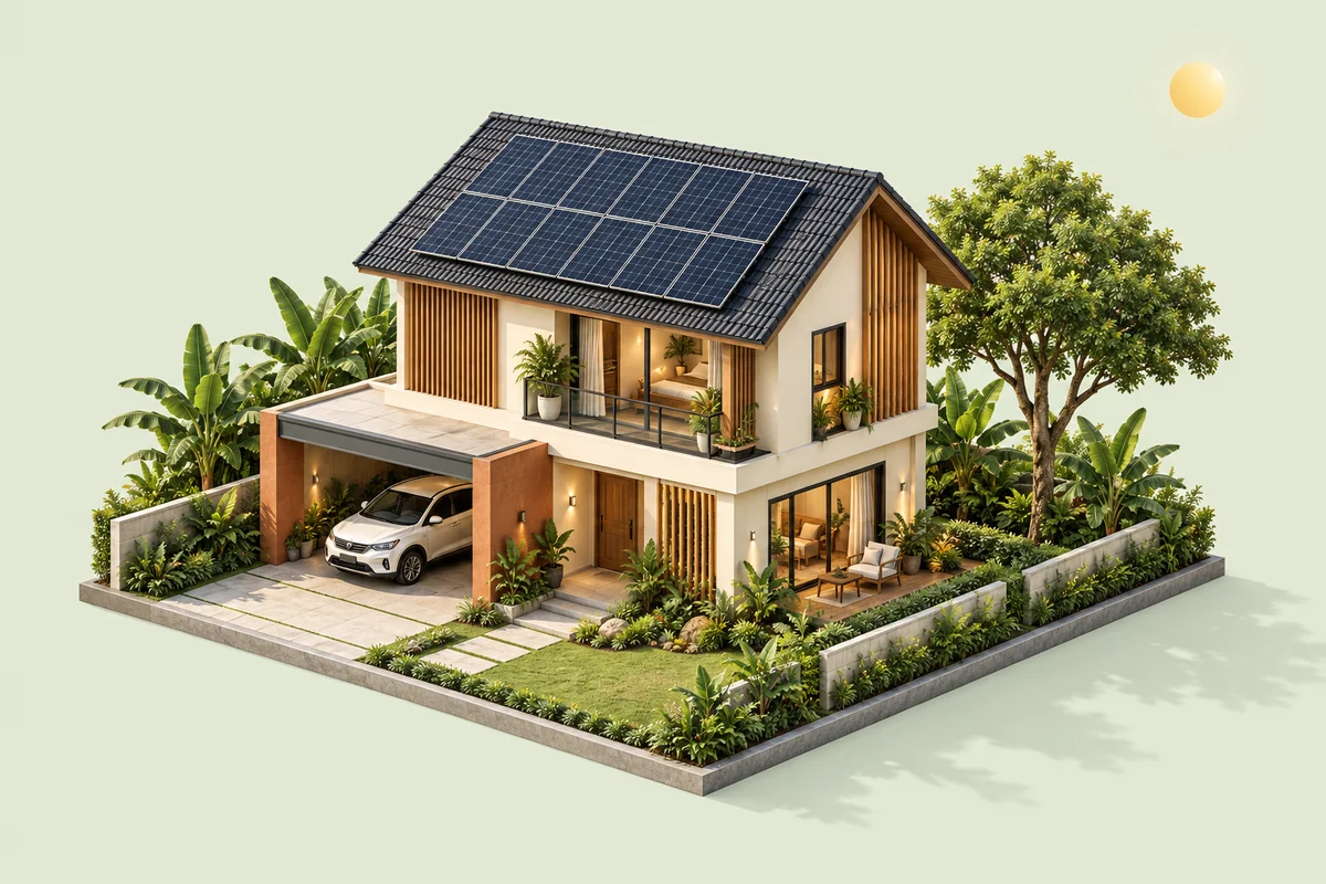 ภาพจำลองบ้านในไทยที่ติดตั้งแผงโซลาร์เซลล์บนหลังคา